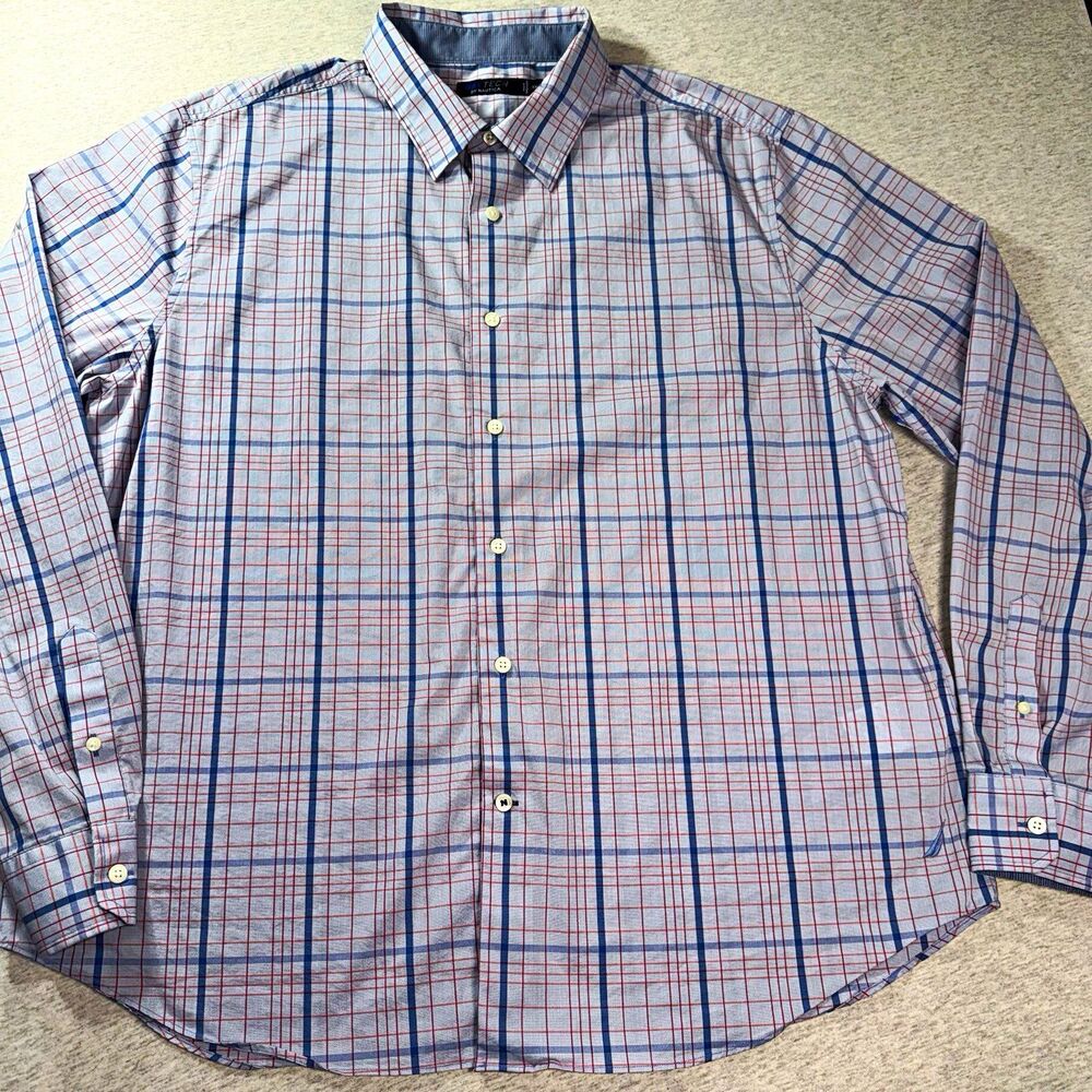 Nautica Navtech Men's 2XL Blue/Red Plaid Cotton Blend Dress Shirt Long Sleeve